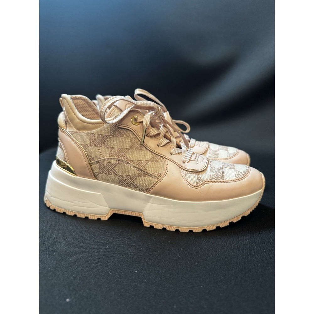 Michael Kors Muse Trainer Women's Low Top Lace Up Logo Sneakers Pink Gold Trim - Picture 2 of 14
